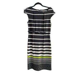 Pretty ILE New York Belted Sleeveless Pencil Dress‎ Black White Striped Size 6